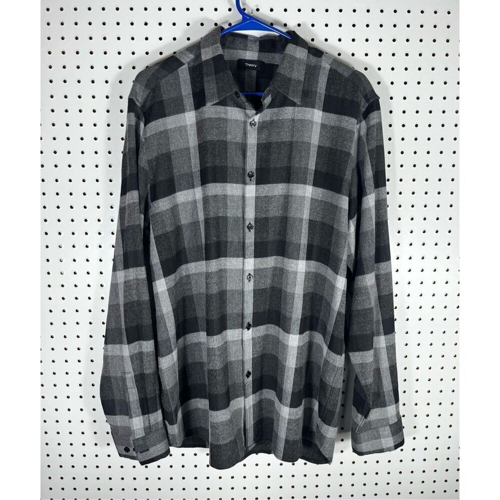 Theory Plaid wool blend button down shirt